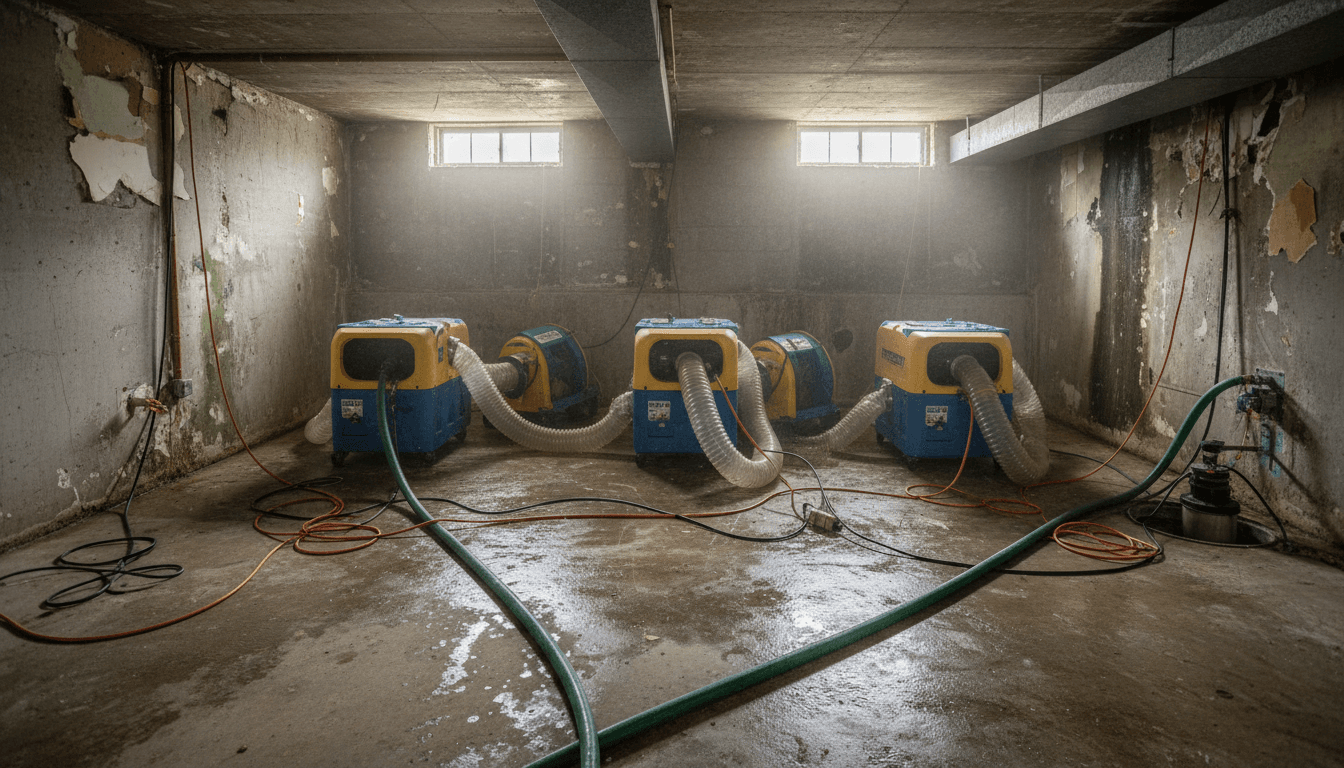 Water mitigation equipment operating during emergency restoration job