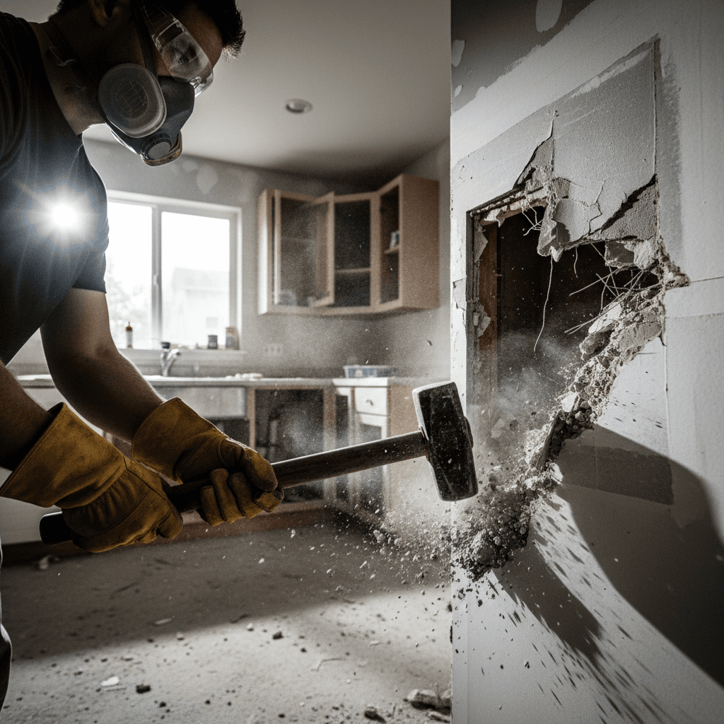 Removal of water-damaged drywall and structural materials
