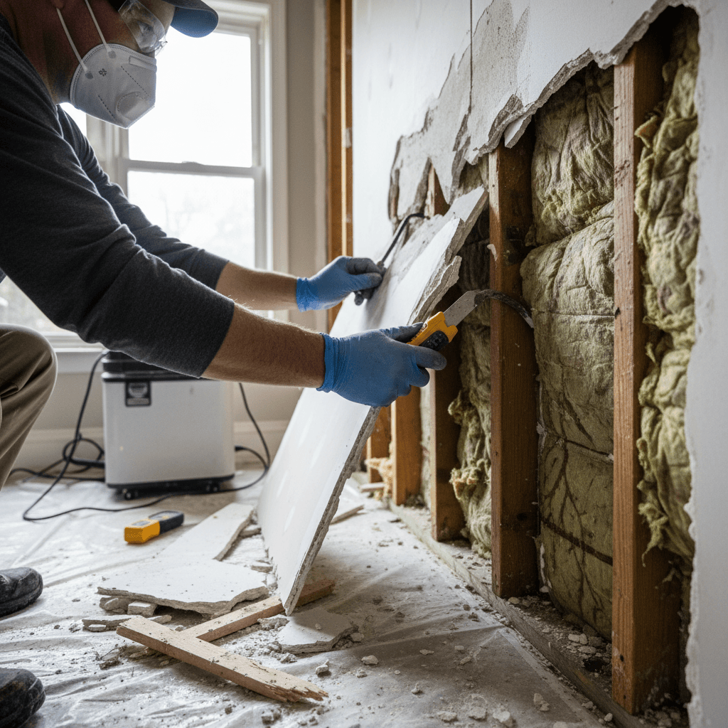 Water damage on wall before restoration